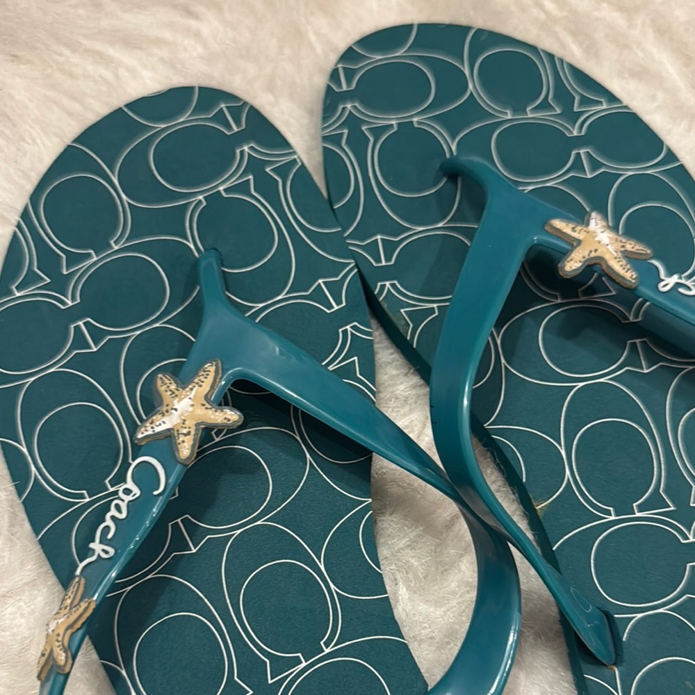 Coach Teal/Green Flip Flops with Starfish Accents size 10 pre-owned. - Picture 3 of 5